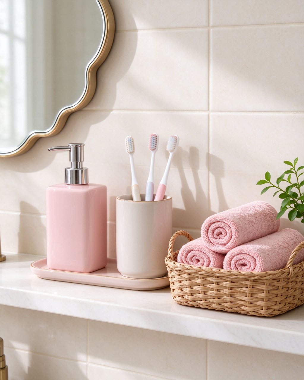 Pink bathroom accessories on a spa-like shelf