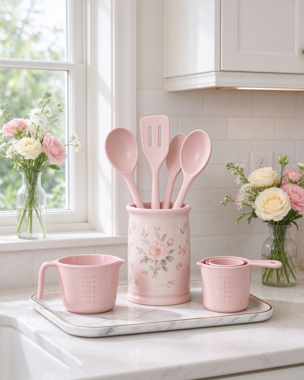 Blush pink kitchenware arranged on a marble counter