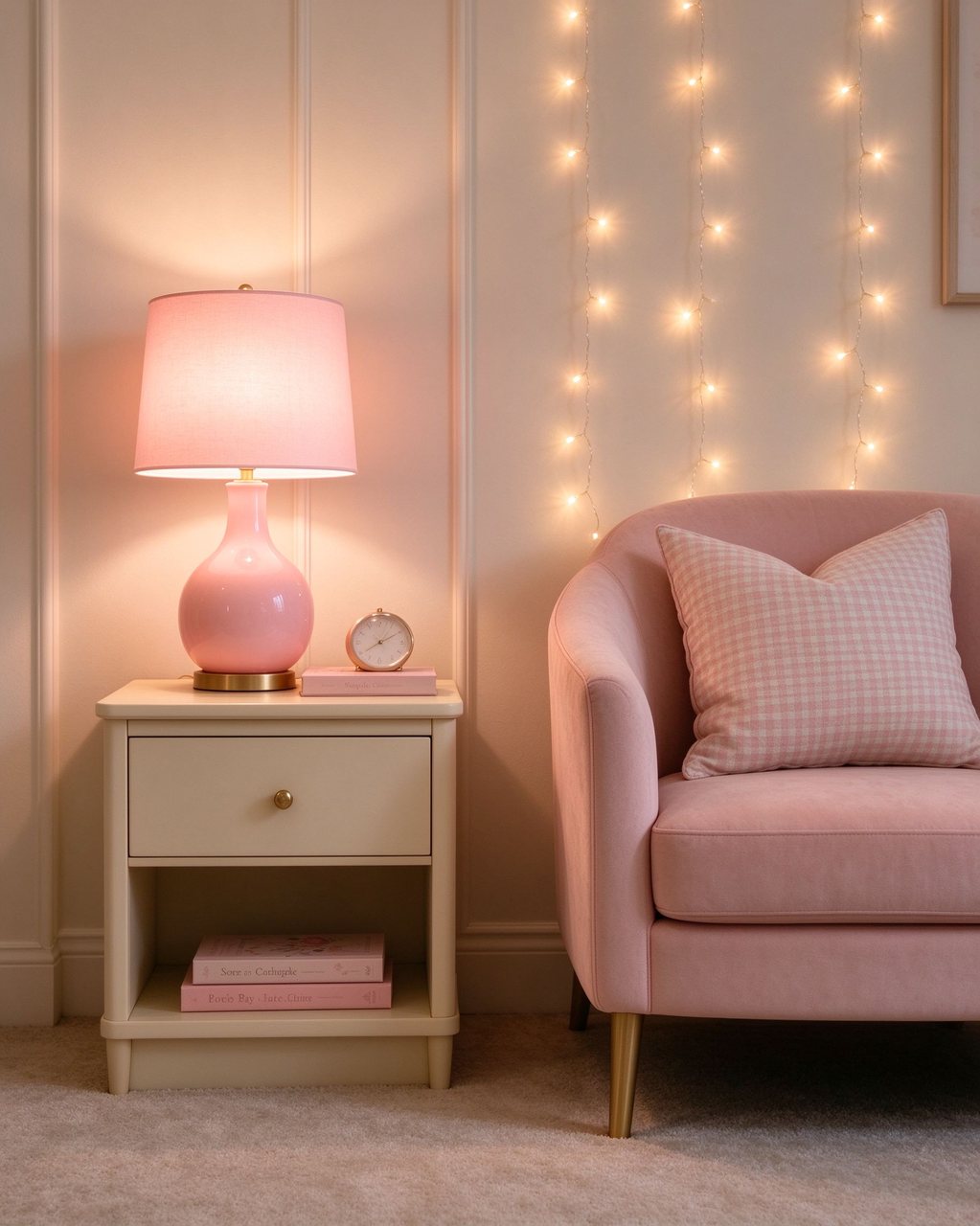 A cozy reading corner lit by a pink table lamp