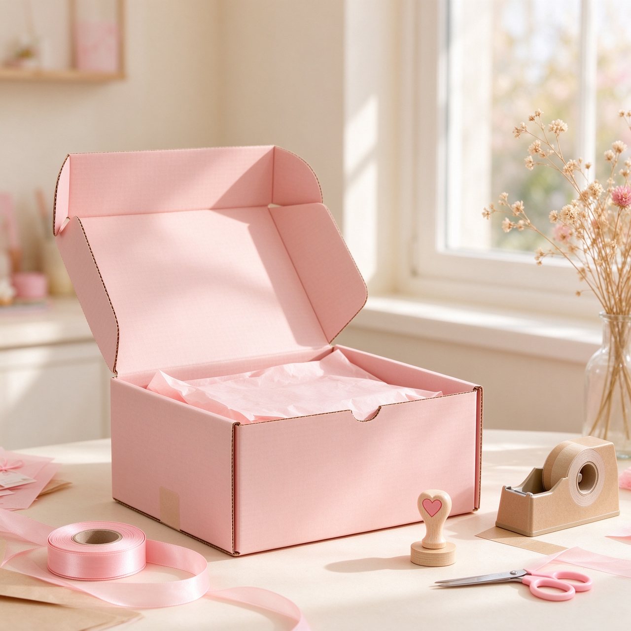 A pink gift-packing workspace with ribbon and a shipping box