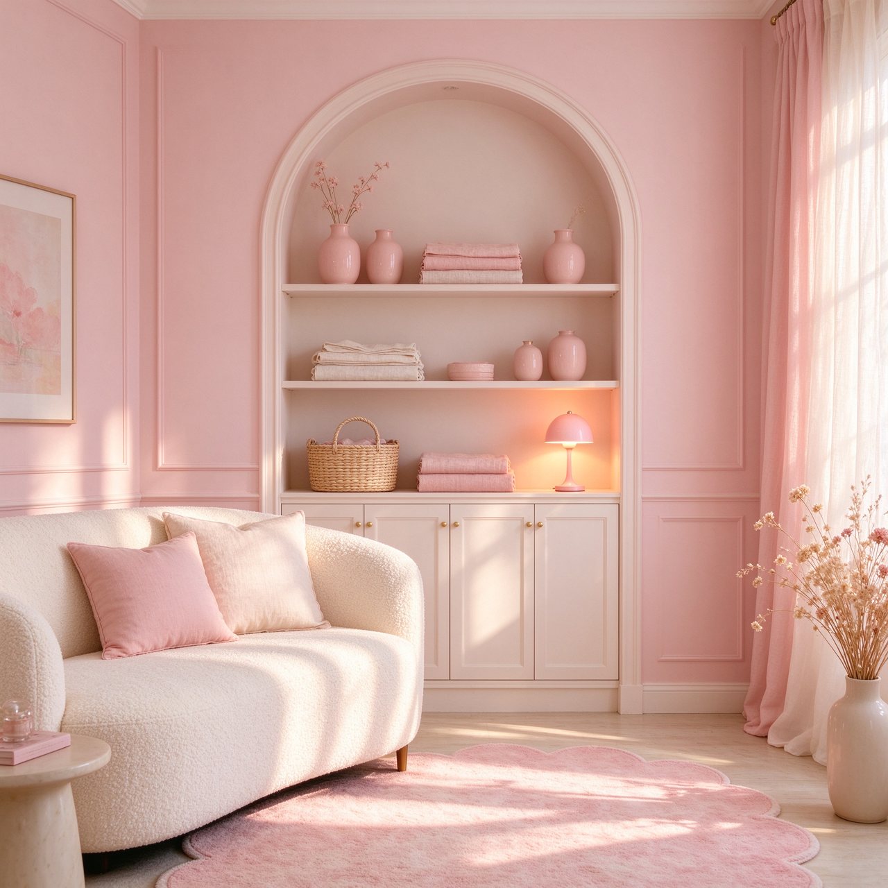 A pastel pink living room styled with CHENZHOU GLOBAL home goods — arch niche, blush vases and a warm table lamp