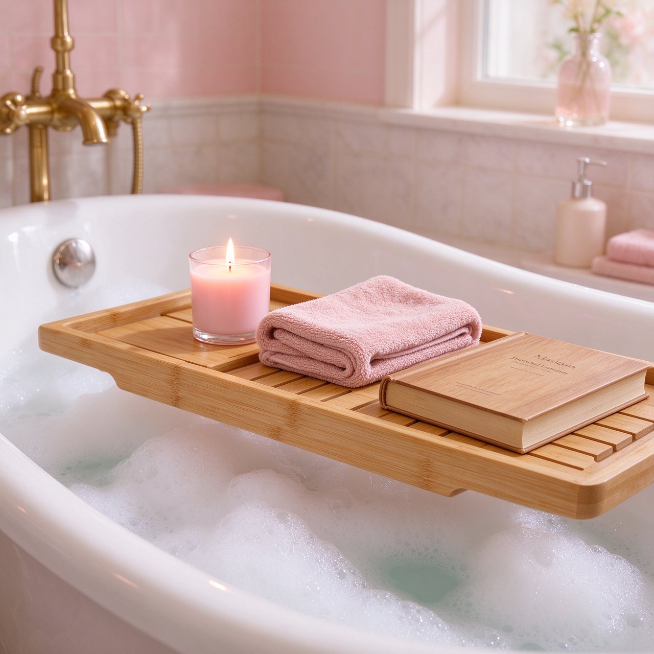Bamboo bathtub caddy with a candle and folded towel over a bubble bath