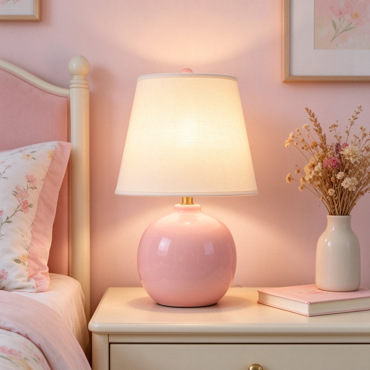 Candy pink ceramic table lamp with a cream shade, glowing warmly