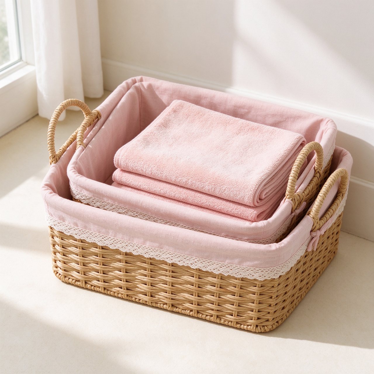 Woven storage baskets with soft pink lining