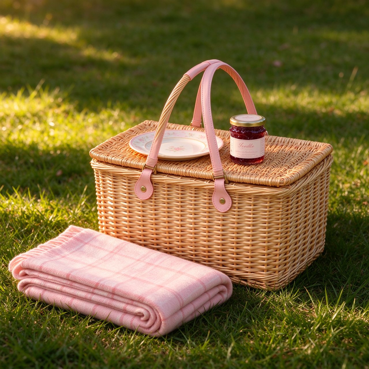 Woven picnic basket with blush handles and a pink plaid blanket